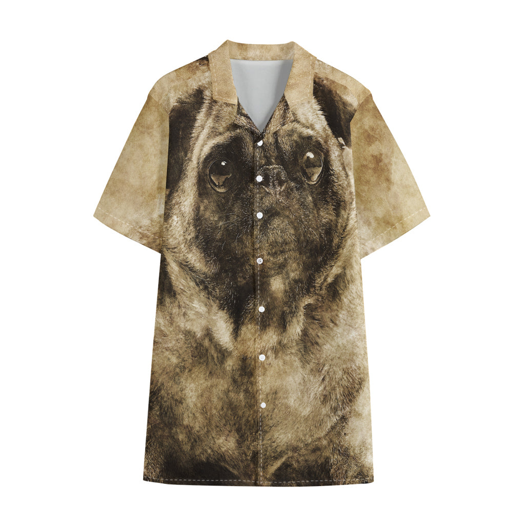Vintage Pug Portrait Print Cotton Hawaiian Shirt