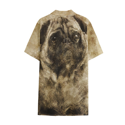 Vintage Pug Portrait Print Cotton Hawaiian Shirt