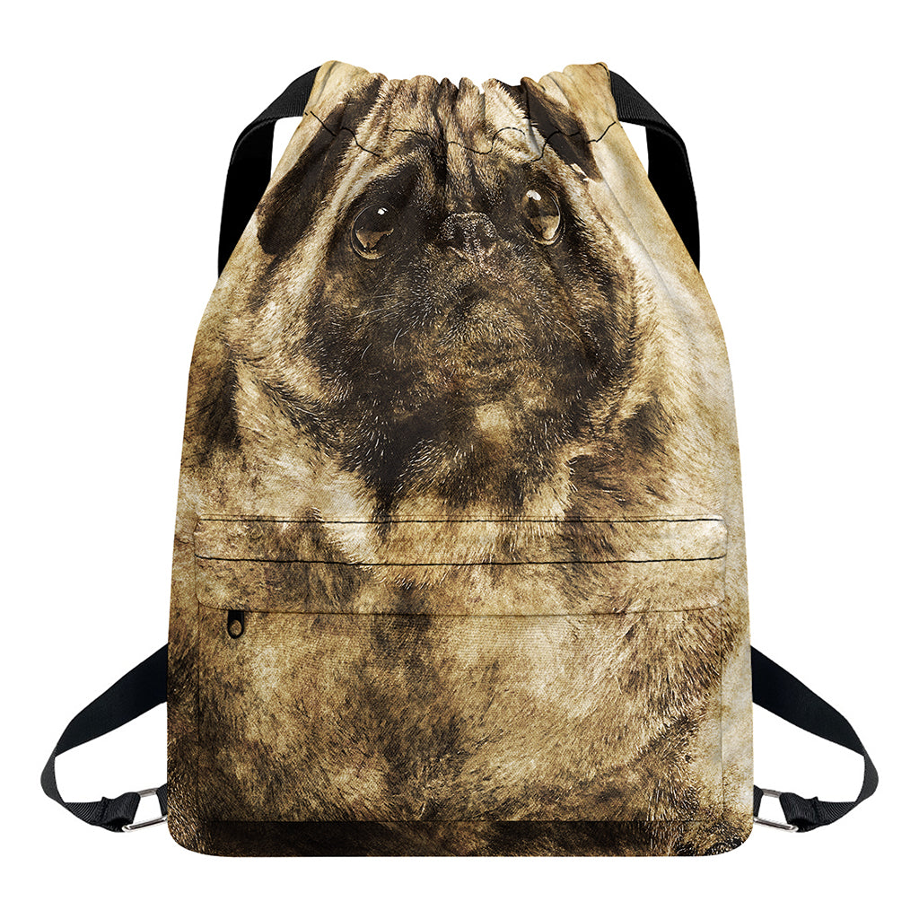 Vintage Pug Portrait Print Drawstring Backpack