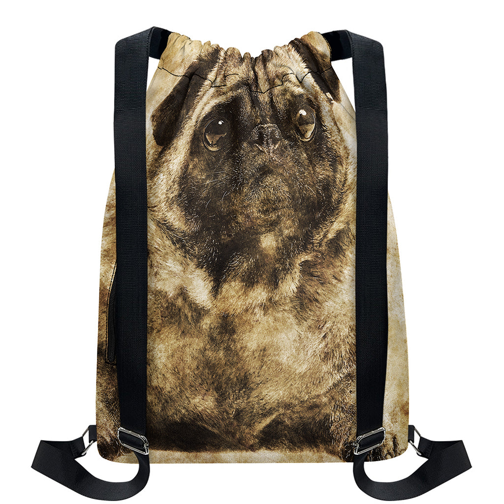 Vintage Pug Portrait Print Drawstring Backpack