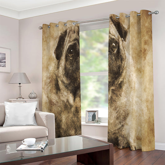 Vintage Pug Portrait Print Extra Wide Grommet Curtains