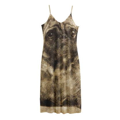 Vintage Pug Portrait Print Jersey Midi Cami Dress