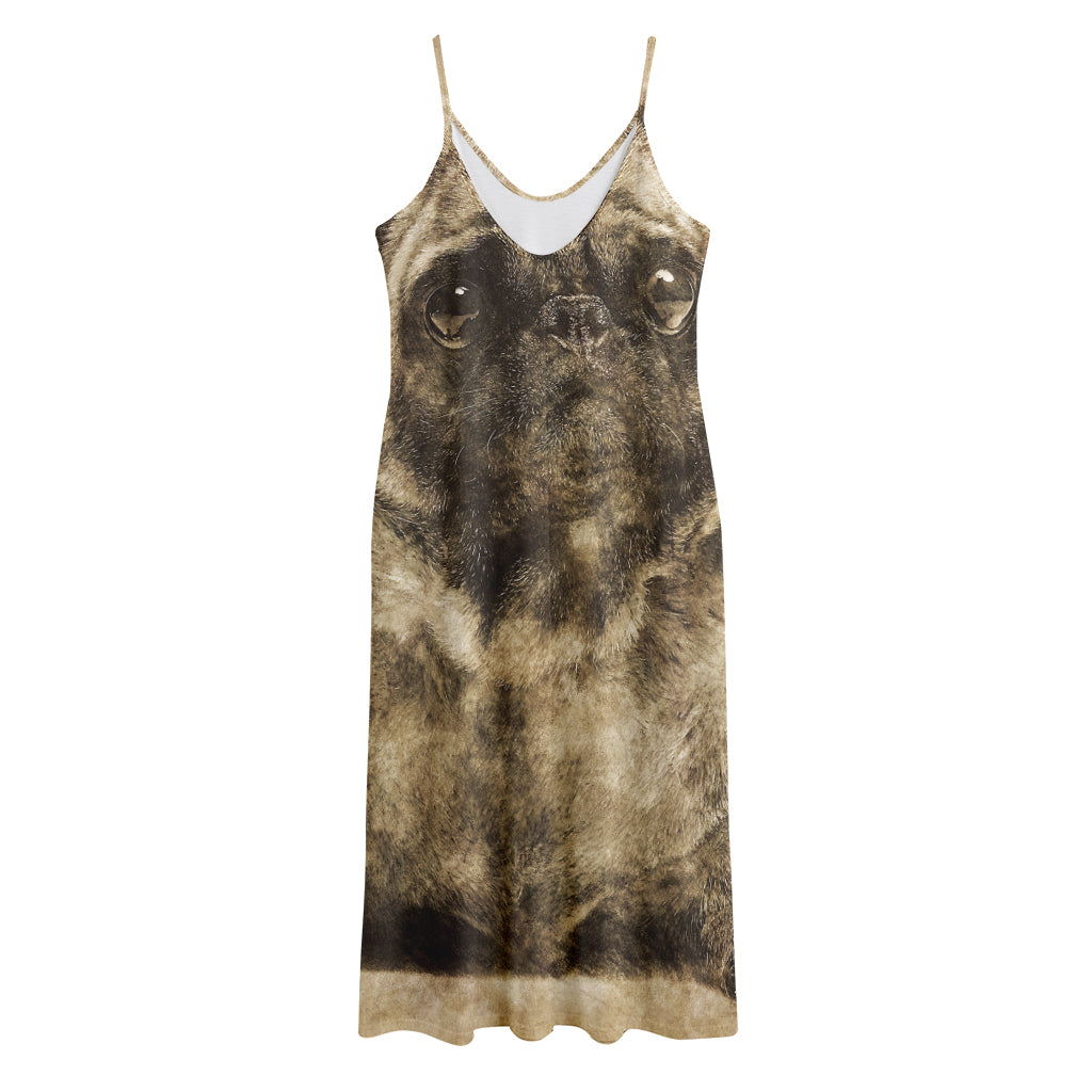 Vintage Pug Portrait Print Jersey Midi Cami Dress