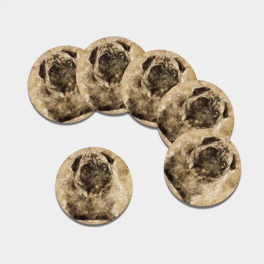 Vintage Pug Portrait Print Leather Coaster Set