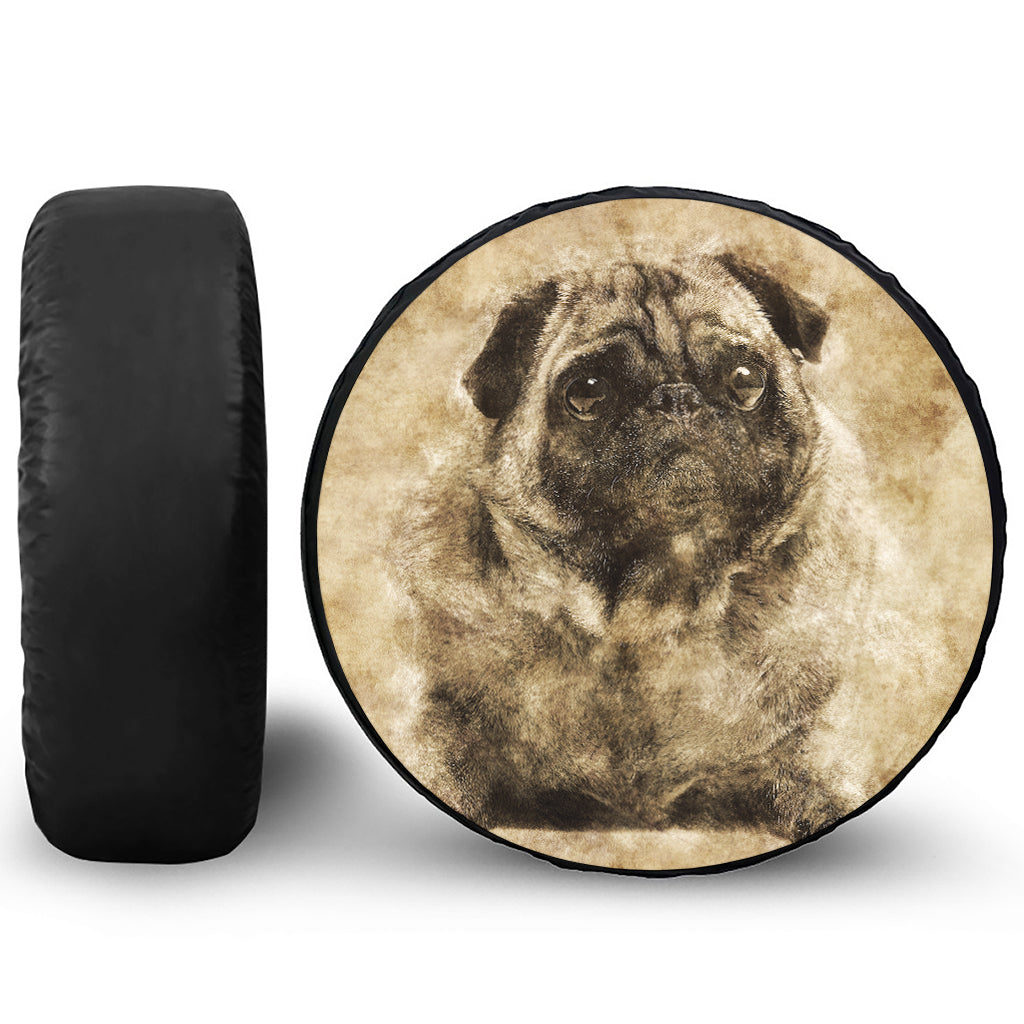 Vintage Pug Portrait Print Leather Spare Tire Cover