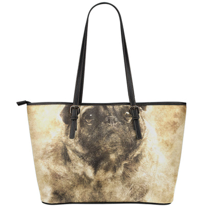 Vintage Pug Portrait Print Leather Tote Bag