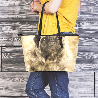 Vintage Pug Portrait Print Leather Tote Bag