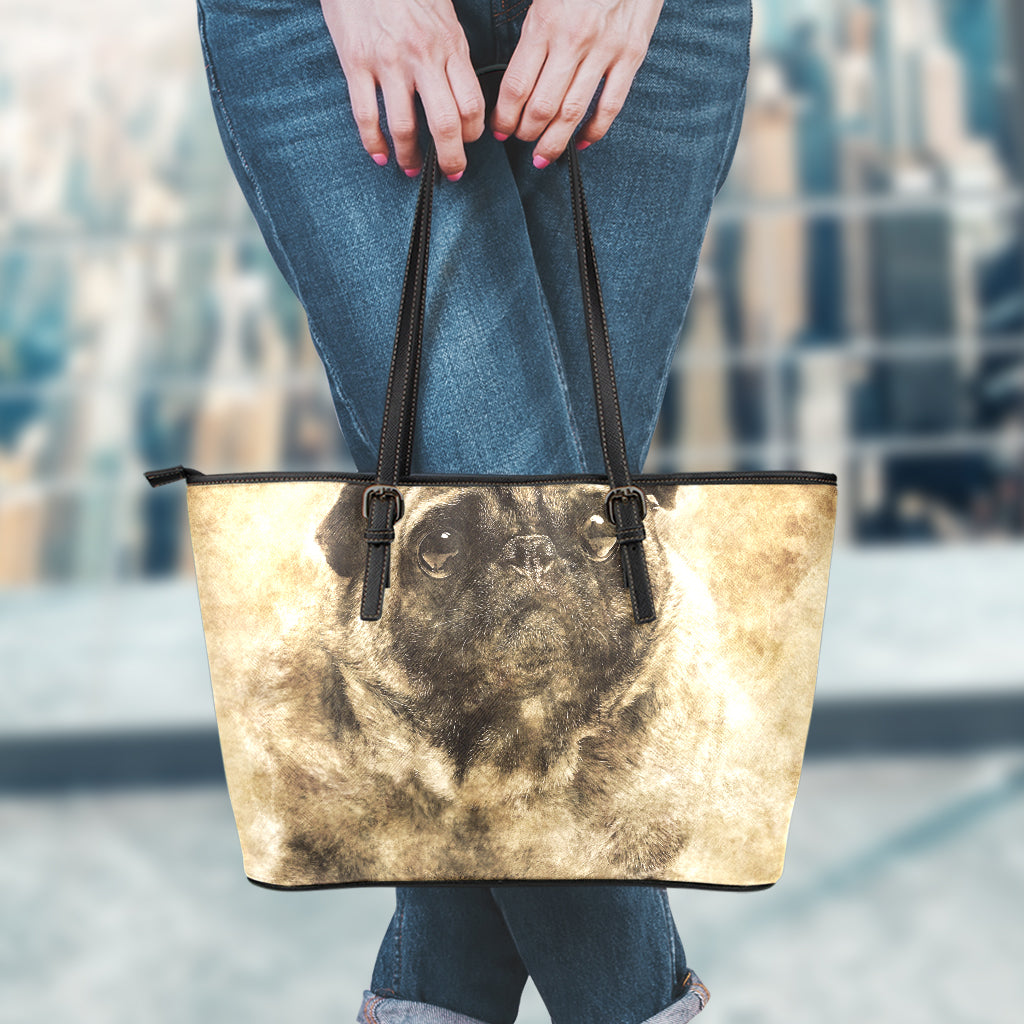 Vintage Pug Portrait Print Leather Tote Bag