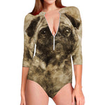 Vintage Pug Portrait Print Long Sleeve Swimsuit