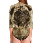 Vintage Pug Portrait Print Long Sleeve Swimsuit