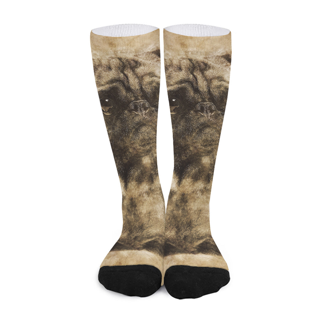 Vintage Pug Portrait Print Long Socks
