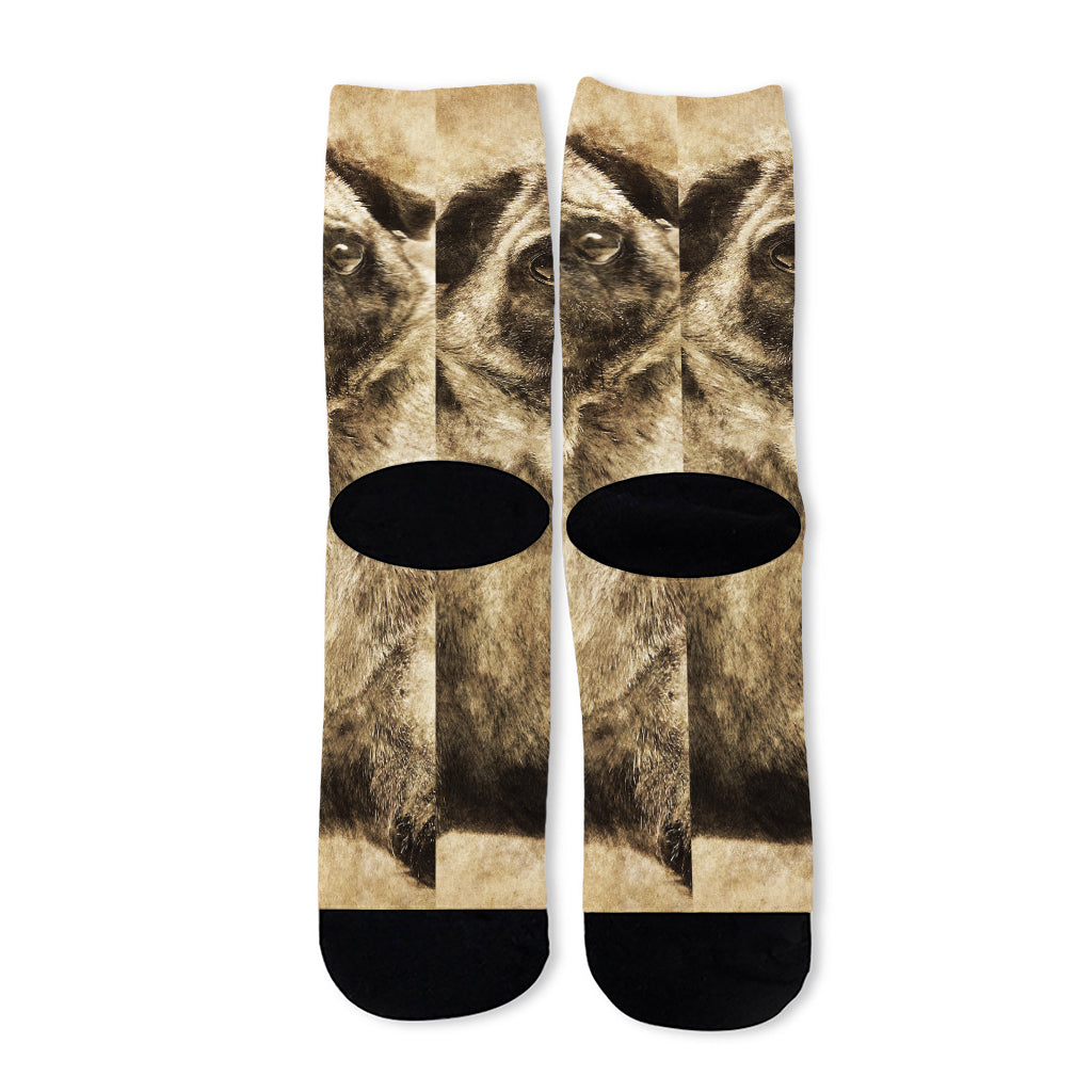 Vintage Pug Portrait Print Long Socks