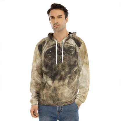 Vintage Pug Portrait Print Men's Velvet Pullover Hoodie