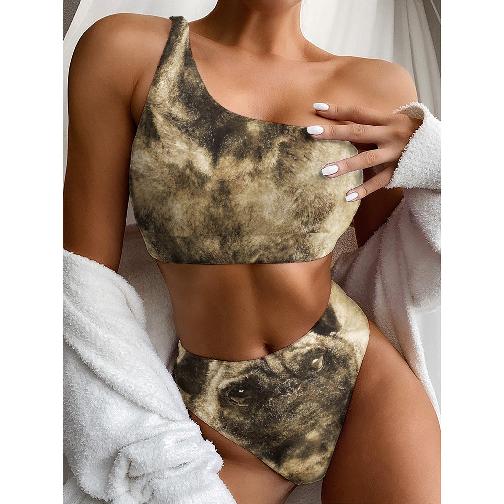 Vintage Pug Portrait Print One Shoulder Bikini Top