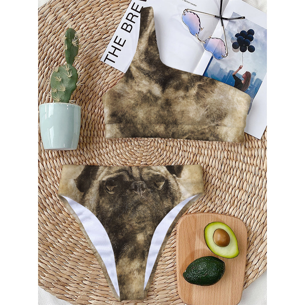 Vintage Pug Portrait Print One Shoulder Bikini Top