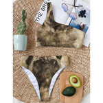 Vintage Pug Portrait Print One Shoulder Bikini Top