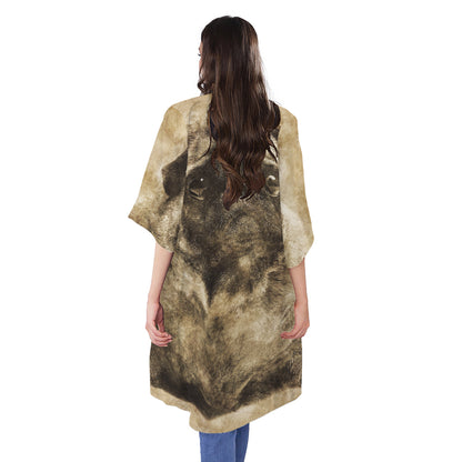 Vintage Pug Portrait Print Open Front Beach Cover Up
