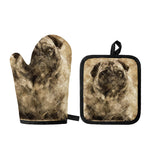 Vintage Pug Portrait Print Oven Mitt And Pot Holder Set