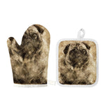 Vintage Pug Portrait Print Oven Mitt And Pot Holder Set