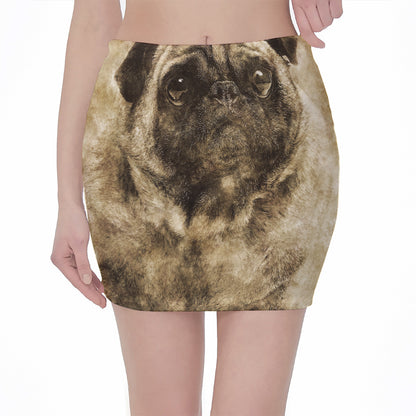 Vintage Pug Portrait Print Pencil Mini Skirt