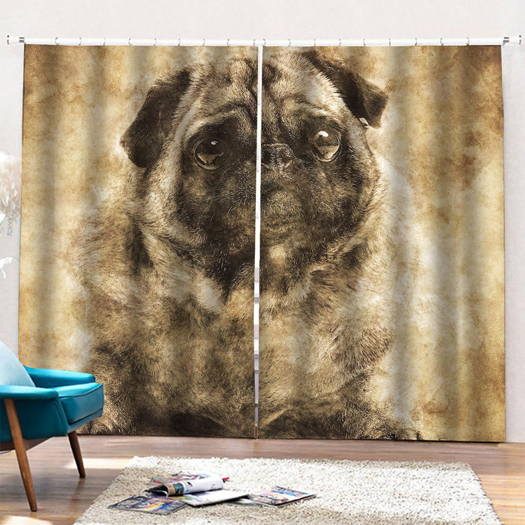 Vintage Pug Portrait Print Pencil Pleat Curtains