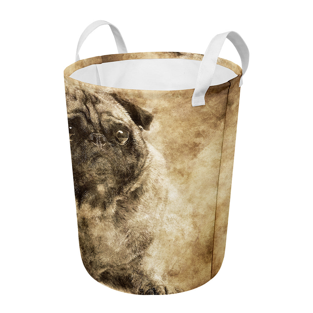Vintage Pug Portrait Print Round Laundry Basket