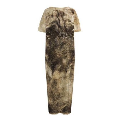 Vintage Pug Portrait Print Short Sleeve Long Nightdress