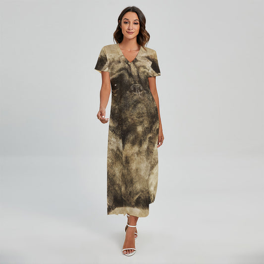 Vintage Pug Portrait Print Short Sleeve Maxi Dress
