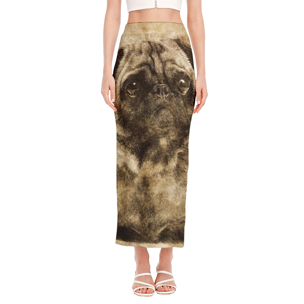 Vintage Pug Portrait Print Side Slit Maxi Skirt