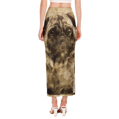 Vintage Pug Portrait Print Side Slit Maxi Skirt