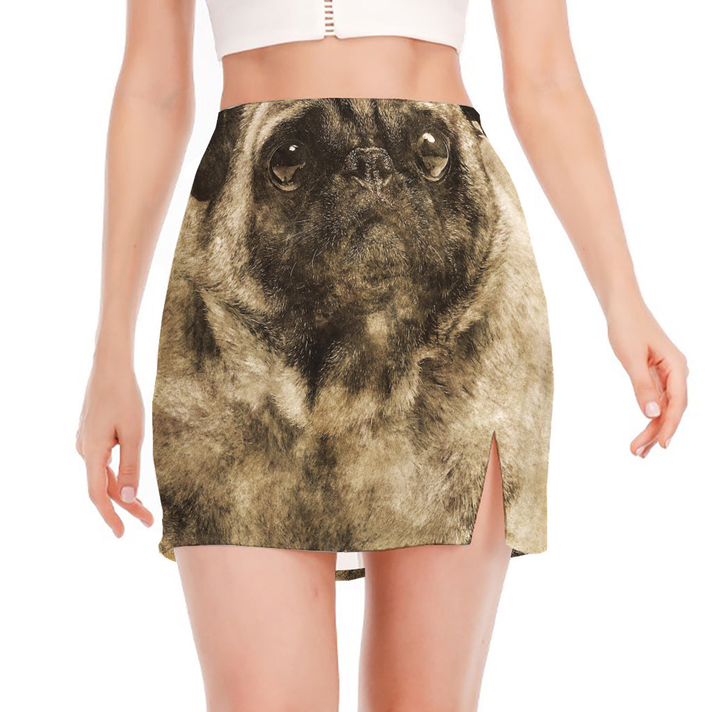 Vintage Pug Portrait Print Side Slit Mini Skirt