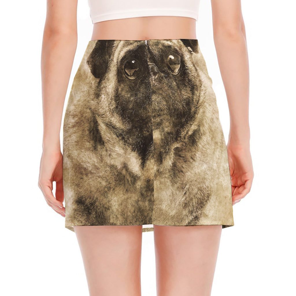 Vintage Pug Portrait Print Side Slit Mini Skirt