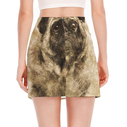 Vintage Pug Portrait Print Side Slit Mini Skirt