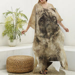 Vintage Pug Portrait Print Silk V-Neck Kaftan Dress