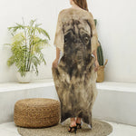 Vintage Pug Portrait Print Silk V-Neck Kaftan Dress