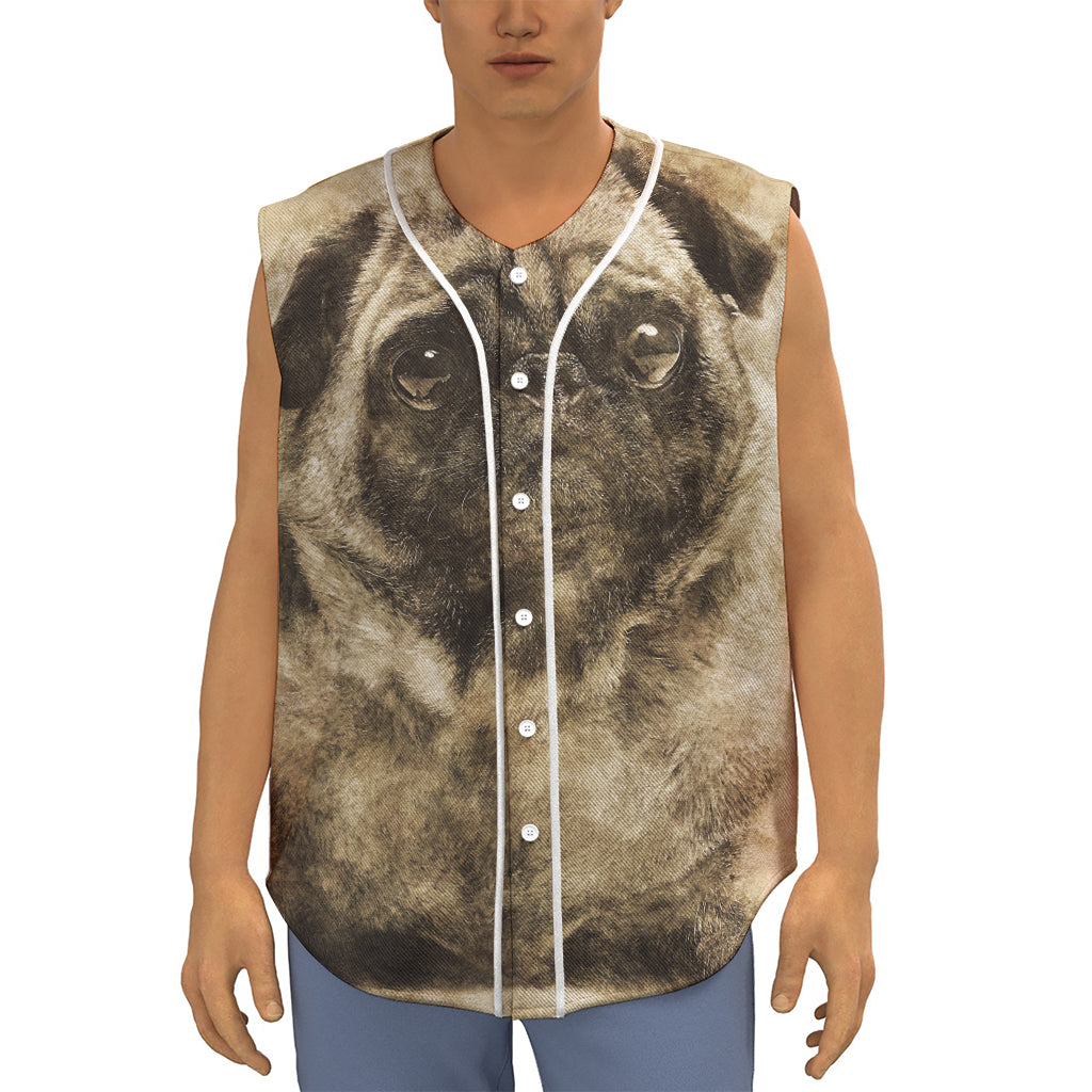 Vintage Pug Portrait Print Sleeveless Baseball Jersey