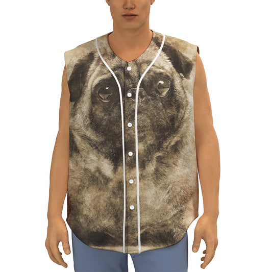 Vintage Pug Portrait Print Sleeveless Baseball Jersey
