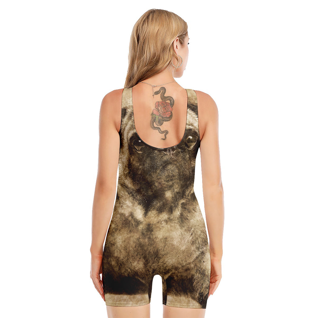 Vintage Pug Portrait Print Sleeveless One Piece Swimsuit