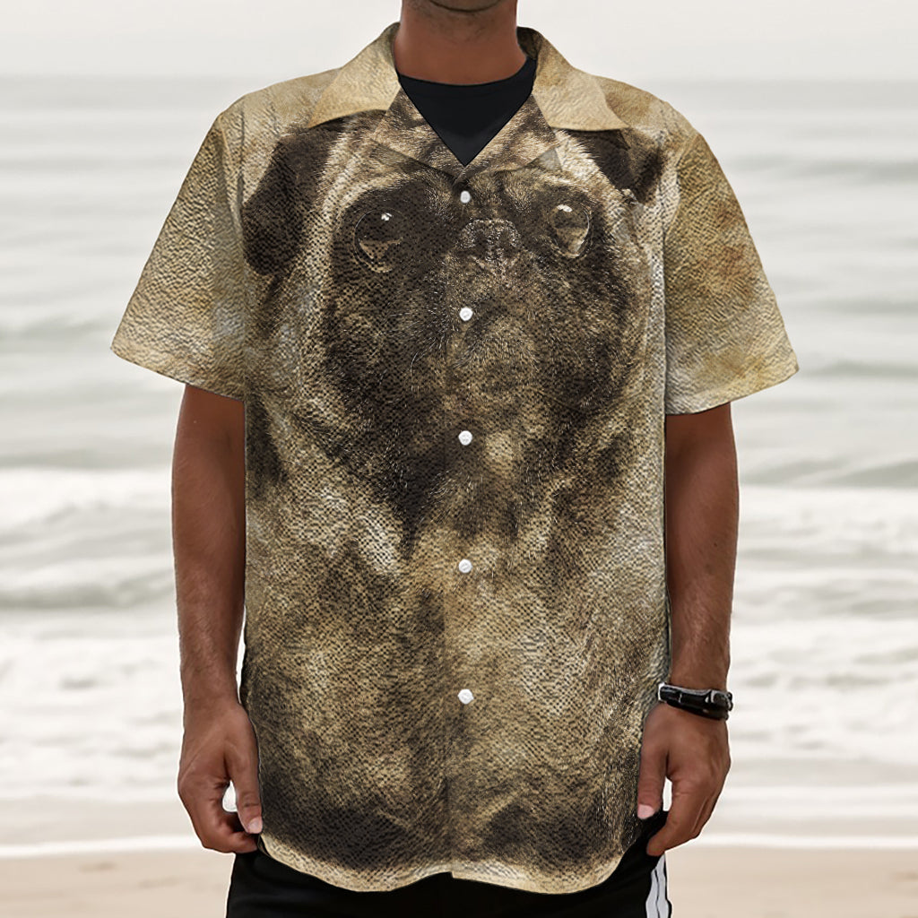 Vintage Pug Portrait Print Textured Short Sleeve Shirt