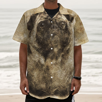 Vintage Pug Portrait Print Textured Short Sleeve Shirt