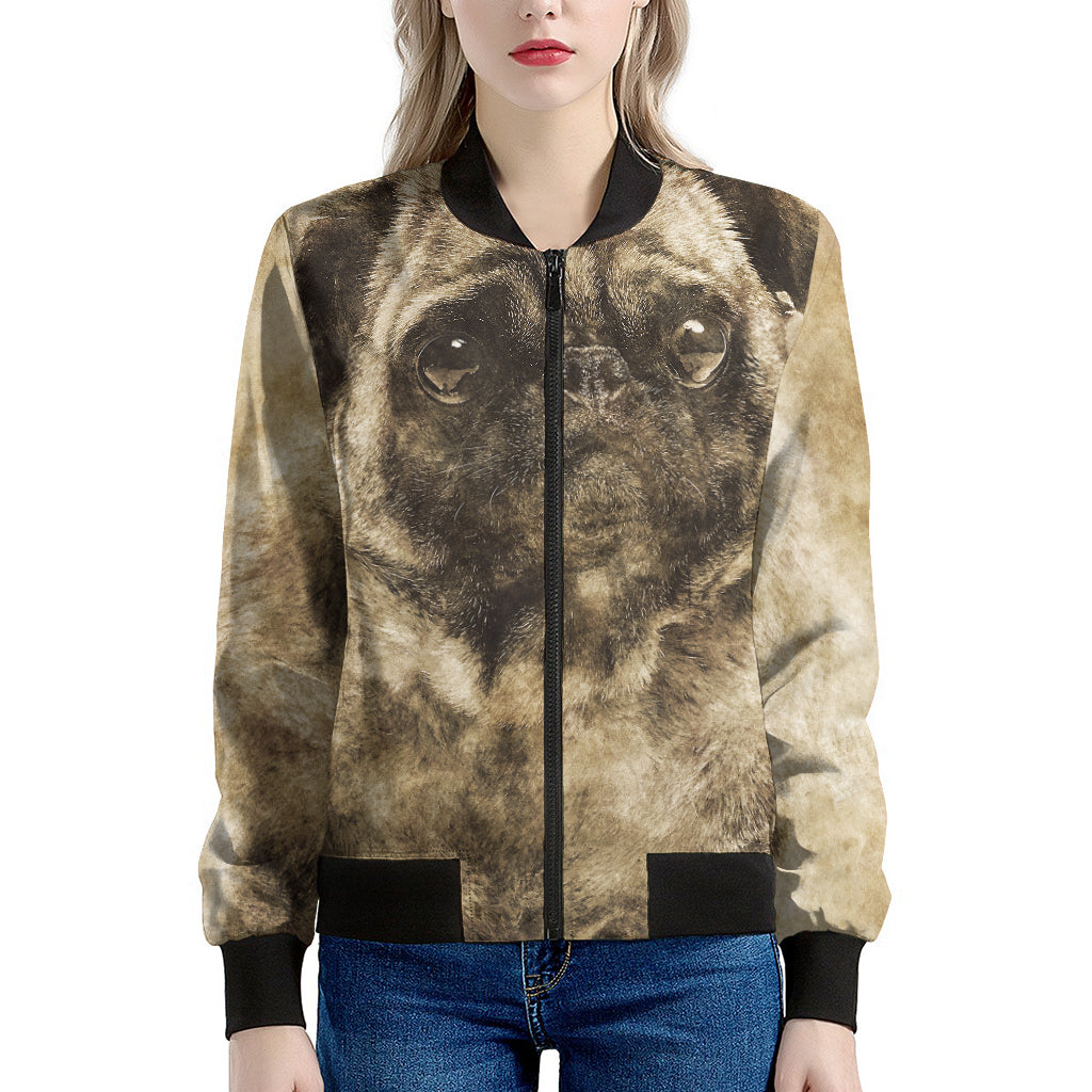 Vintage Pug Portrait Print Women's Bomber Jacket