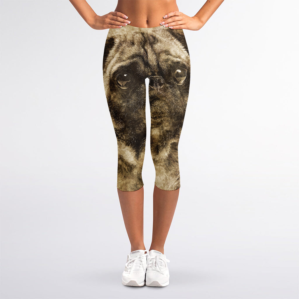 Vintage Pug Portrait Print Women's Capri Leggings