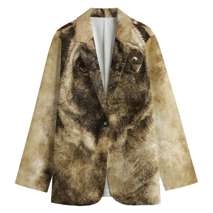 Vintage Pug Portrait Print Women's Cotton Blazer