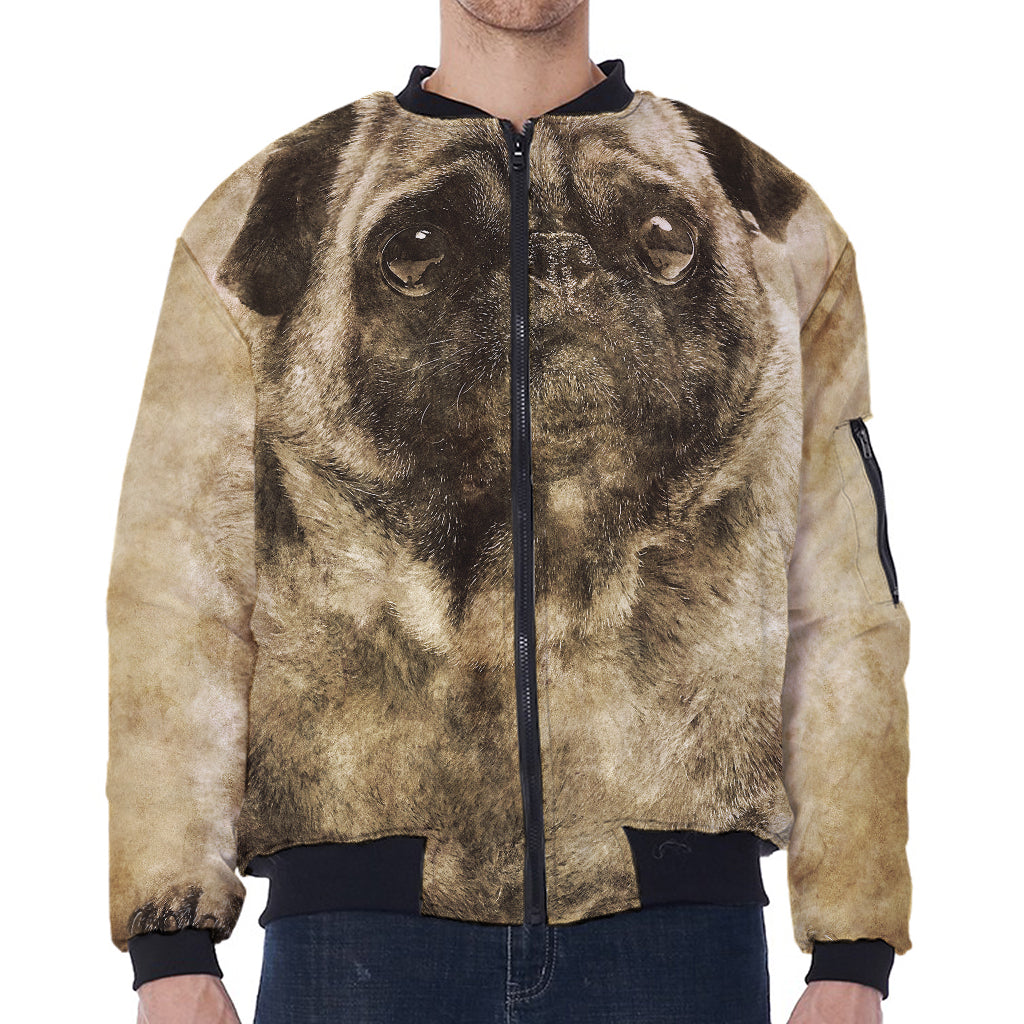 Vintage Pug Portrait Print Zip Sleeve Bomber Jacket