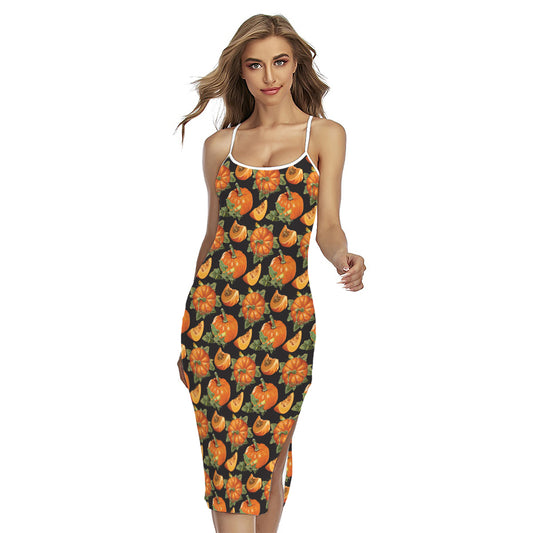 Vintage Pumpkin Pattern Print Cross Back Cami Dress