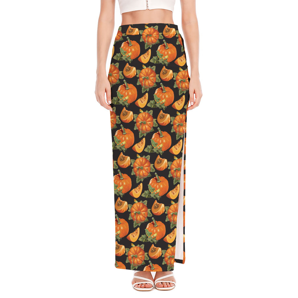 Vintage Pumpkin Pattern Print High Slit Maxi Skirt