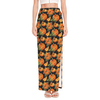 Vintage Pumpkin Pattern Print High Slit Maxi Skirt