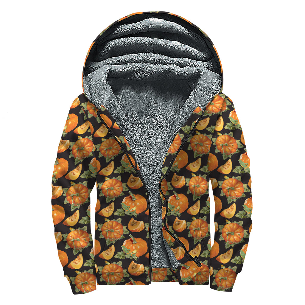 Vintage Pumpkin Pattern Print Sherpa Lined Zip Up Hoodie