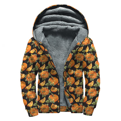 Vintage Pumpkin Pattern Print Sherpa Lined Zip Up Hoodie