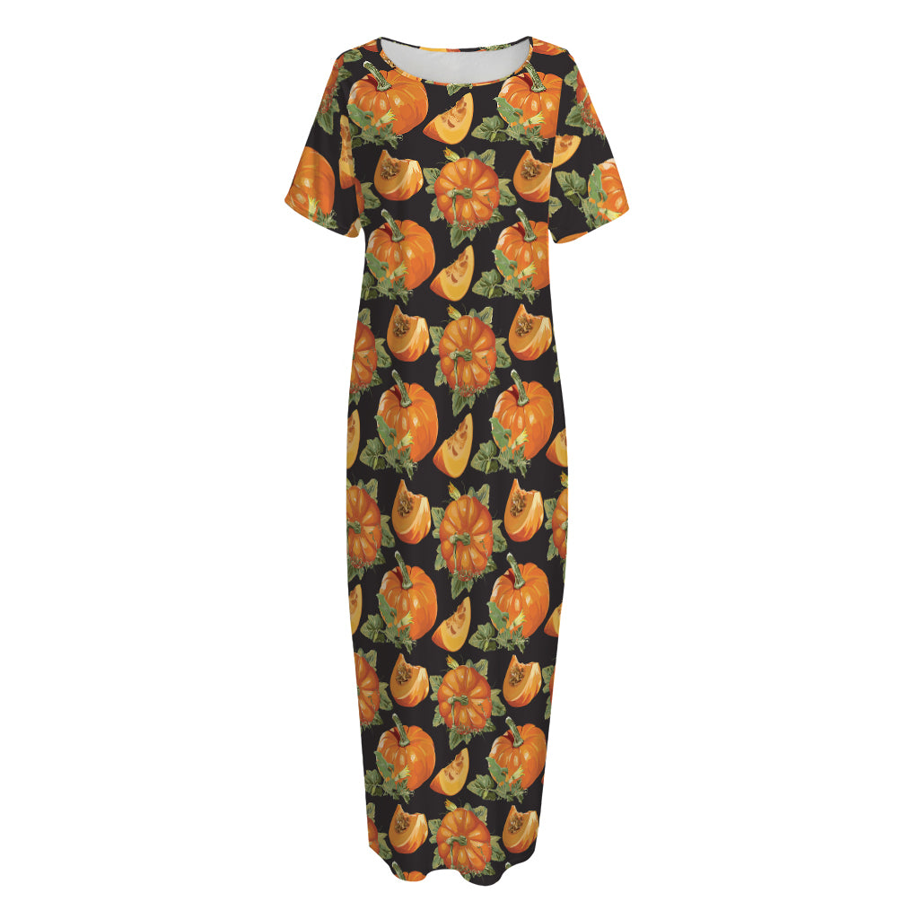 Vintage Pumpkin Pattern Print Short Sleeve Long Nightdress